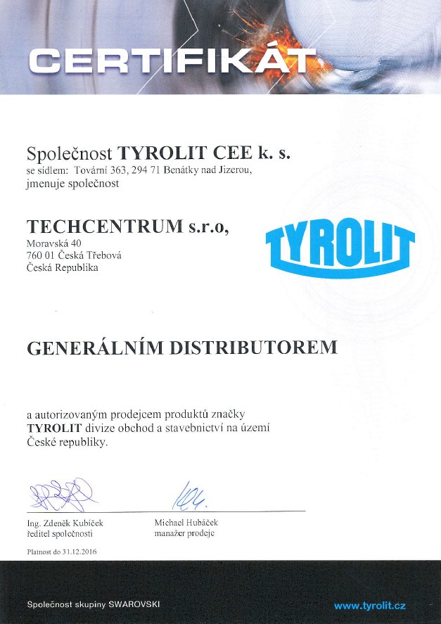 Certifikát Generální distributor TYROLIT v ČR pro Techcentrum s.r.o.